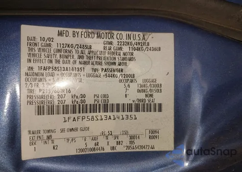 2003 Ford Taurus Se from USA, damaged, VIN 1FAFP58S13A141351